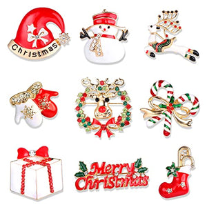 UBGICIG 9 Pieces Enamel Christmas Brooch Pins Jewelry for Women Crystal Christmas Element Pins Snowman Gift Glove Elk Christmas Hat Jewelry Pins for Xmas Decorations Christmas Costume