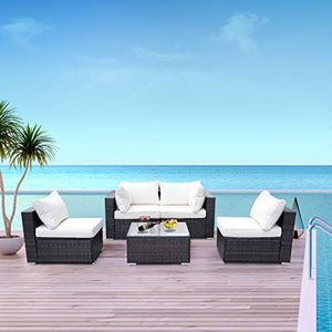 Viewee 5-Pieces Outdoor Patio Furniture Sets Rattan Wicker Patio Sofa with 2 Corner Chairs& 2 Armless Chair &1 Glass Top Patio Table