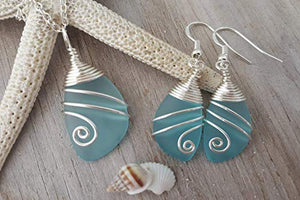 Handmade in Hawaii, Wire wrapped turquoise bay blue sea glass Necklace+Earrings Set,"December Birthstone", (Hawaii Gift Wrapped, Customizable Gift Message)