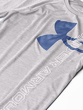 Load image into Gallery viewer, Under Armour Boys' Tech Split Logo Hybrid Short-Sleeve T-Shirt , Concrete (066)/Royal, Youth Small
