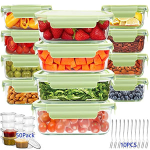 Glass Food Storage Containers Set, 62 Pack Storage Containers with Lids & BPA-free Disposable Plastic Portion Cups, Leak Proof Glass Meal Prep Containers, Airtight Bento Lunch Box with 10 Fruit Forks