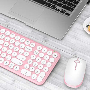 Wireless Keyboard and Mouse Combo, Jelly Comb 2.4G Slim Ergonomic Quiet Keyboard and Mouse with Round Keys for Windows, Laptop, PC, Notebook-White and Pink