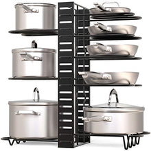Load image into Gallery viewer, GeekDigg Pot Rack Organizer under Cabinet, 3 DIY Methods, Height and Position are Adjustable 8+ Pots Lid Holder, Black Metal Kitchen Pantry Cookware Organizer (Upgraded Version)

