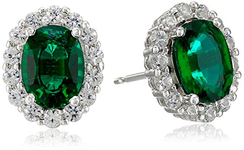 Amazon Collection Rhodium Plated Sterling Silver Created Emerald 8x6mm and Created White Sapphire Oval Halo Earrings