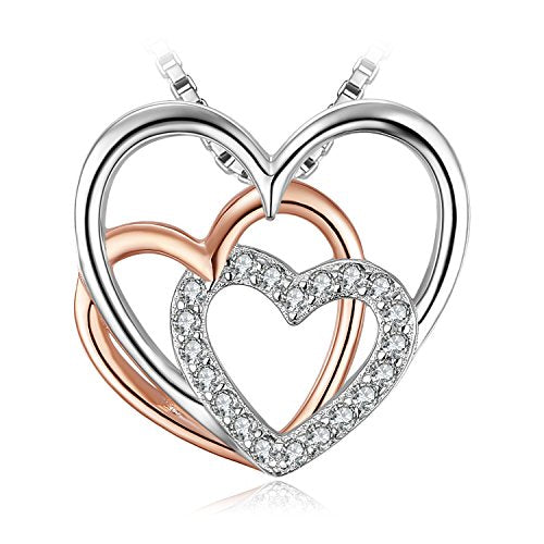 JewelryPalace Heart to Heart Interlocking Cubic Zirconia Pendant Necklace 925 Sterling Silver Rose Gold 18 Inches