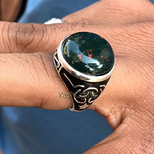 Blood Stone Ring For Mens / 925 Silver Statement Ring/Natural BloodStone Round Cab Gemstone Ring/Arabic Style Ring For Mens/Handmade Jewelry, Gift for Mens