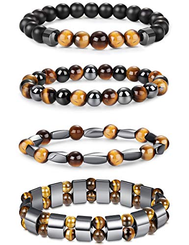 Jstyle 4Pcs Hematite Bead Bracelet for Men Women 8mm Tiger Eye Stone Beads Bracelet Elastic Natural Stone Bracelet Bangle