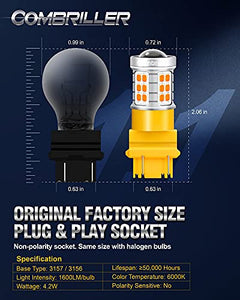 Combriller 3157 LED Bulb Amber Yellow Super Bright, 3056 3156 3057 3157 led bulb for led reverse lights turn signal bulb brake light bulb tail light bulb parking light bulb, pack of 2