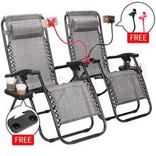Load image into Gallery viewer, Set of 2 Zero Gravity Outdoor Lounge Chairs w/Cup Holder with Mobile Device Slot Adjustable Folding Patio Reclining Chairs W/Snack Tray + Phone Holder
