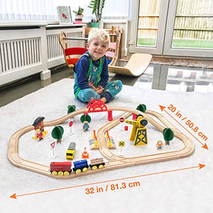 60 Pcs Crane Train Set-Wooden Tracks & Exclusive Crane & Trains- Fits Thomas, Chuggington, Melissa- Gift Packed Toy Railway Kits- Kids Friendly Building Toy for 3+ Years Old Girls & Boys