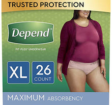 Load image into Gallery viewer, Depend FIT-FLEX Incontinence Underwear for Women, Disposable, Maximum Absorbency, XL, Blush, 26 Count (Packaging May Vary)
