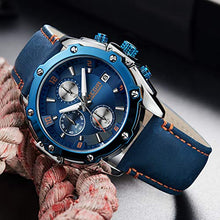 Load image into Gallery viewer, MEGIR Men Business Analogue Quartz Watch with Fashion Blue Leather Strap Chronograph Luminous Auto Calendar for Sport &amp; Work 2074 Blue
