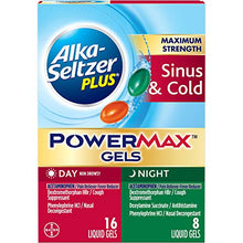 Load image into Gallery viewer, ALKA-SELTZER PLUS Maximum Strength PowerMax Sinus and Cold Medicine, Day + Night Liquid Gels for Adults with Pain Reliever, Fever Reducer, Cough Suppressant, Nasal Decongestant, 24 Count
