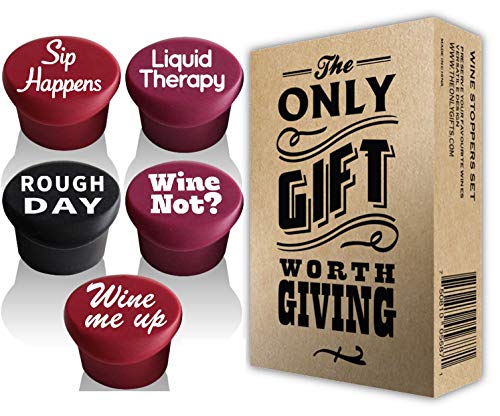 5 Wine Stoppers + Gift Box - Perfect Wine Gift Accessory, Set of 5 Funny Silicone Wine Reusable Caps Stoppers for Wine and Beer Bottles – Vinaka Wine Stoppers
