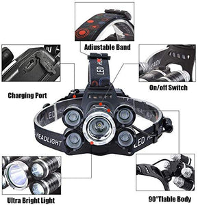 Headlamp 12000 Lumen Ultra Bright CREE LED Work Headlight Micro-USB Rechargeable, 4 Modes Head Lamp Waterproof Headlamps for Camping Hiking Hunting Hard Hat Workers