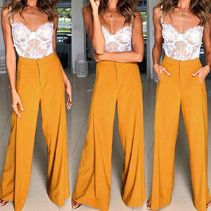 GoodLock Women High Waist Pants OL Loose Stretch Wide Leg Long Pants Palazzo Trousers (Yellow, Small)