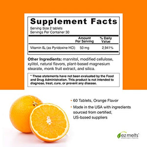 EZ Melts B6 as Pyridoxine, 50 mg, Sublingual Vitamins, Vegan, Zero Sugar, Natural Orange Flavor, 60 Fast Dissolve Tablets