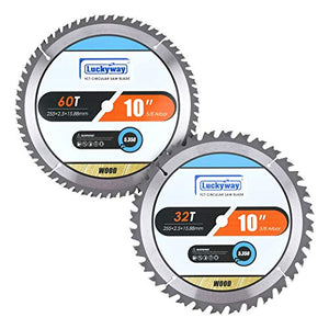 Luckyway 2-Pack 10 Inch Miter / Table Saw Blades 32T&60T with 5/8 Inch Arbor TCT Circular Saw Blade for Cutting Wood
