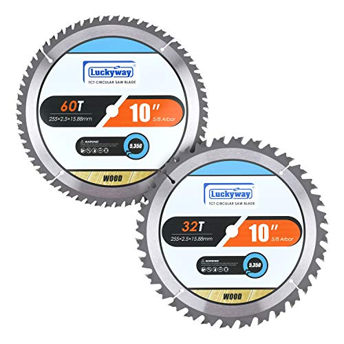 Luckyway 2-Pack 10 Inch Miter / Table Saw Blades 32T&60T with 5/8 Inch Arbor TCT Circular Saw Blade for Cutting Wood