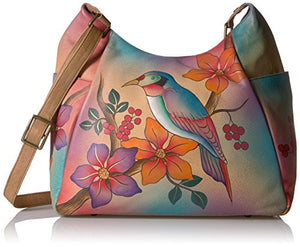 Anna By Anuschka Handpainted Leather Large Multi Pocket Hobo,Bird On A Branch