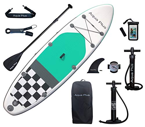 Aqua Plus 10ft6inx33inx6in Inflatable SUP for All Skill Levels Stand Up Paddle Board, Adjustable Paddle,Double Action Pump,ISUP Backpack, Leash, Shoulder Strap,Youth,Adult Inflatable Paddle Board