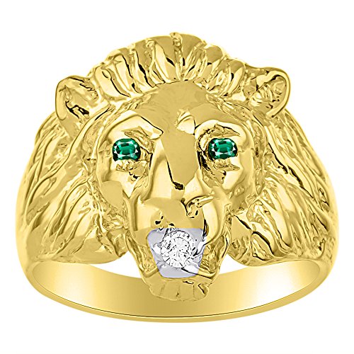 Amazing Conversation Starter Genuine Natural Diamond & Gorgeous Green Emerald Lion Head Ring in 14K Yellow Gold