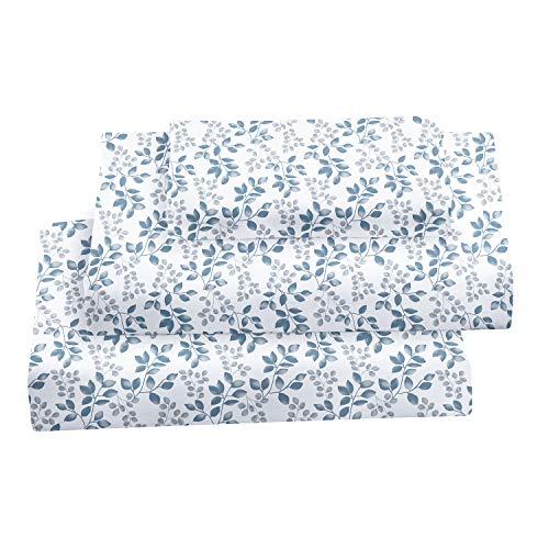 Softan King Bed Sheet Set, 4 PC Green Leaves Printed Brushed Microfiber Elegant Bedding Set, 1 Flat Sheet,1 Deep Pocket Fitted Sheet, and 2 Pillow Cases, Breathable & Silky Soft Feeling Sheets
