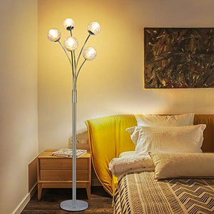 Modern Globe LED Floor Lamps for Living Room-DLLT Standing Lamps with 5 Lights for Bedroom, Tall Pole Tree Accent Lighting for Mid Century, Contemporary Home, G9 Bulb(Not Included) Glass Shade Silver