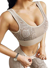Load image into Gallery viewer, YEOREO Yoga Outfit for Women Seamless 2 Piece Workout Gym High Waist Snake Print Leggings with Sport Bra Set Khaki S
