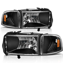 Load image into Gallery viewer, AUTOSAVER88 Headlight Assembly Compatible with 1994-2001 Dodge Ram 1500/1994 1995 1996 1997 1998 1999 2000 2001 2002 Dodge Ram Pickup 2500 3500 Black Housing Amber Reflector with Corner lights
