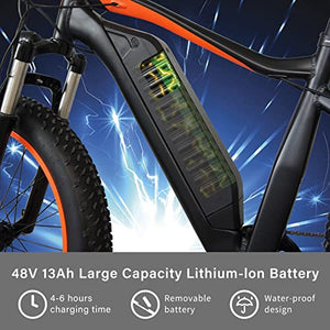 vtuvia Electric Bike for Adults, 26" 4.0 Fat Tire Ebikes, 48V 13Ah Removable Lithium-Ion Battery Waterproof City Bicycle Electric 7 Speeds Gear, Hunting Beach Snow Electric Bicycles (Yellow)