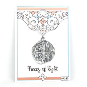 Bright Finished Pirate Pieces of Eight Coin Necklace - Shiny Pewter Replica of Spanish Coin - Handcrafted in USA
