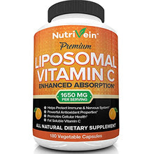 Load image into Gallery viewer, Nutrivein Liposomal Vitamin C 1650mg - 180 Capsules - High Absorption Ascorbic Acid - Supports Immune System and Collagen Booster - Powerful Antioxidant High Dose Fat Soluble Supplement
