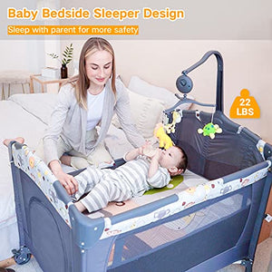 SKIH 5 in 1 Baby Bedside Sleeper, Baby Bassinet, Bedside Cribs with Toys & Music Box, Mattress, Foldable Baby Playard, Portable Travel Crib for Girl Boy Infant Newborn (Grey)