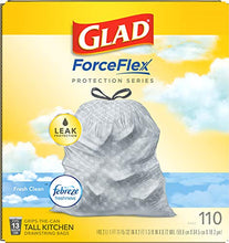 Load image into Gallery viewer, Glad ForceFlex Tall Kitchen Drawstring Trash Bags – 13 Gallon Trash Bag, Fresh Clean scent with Febreze Freshness – 110 Count (Package May Vary)

