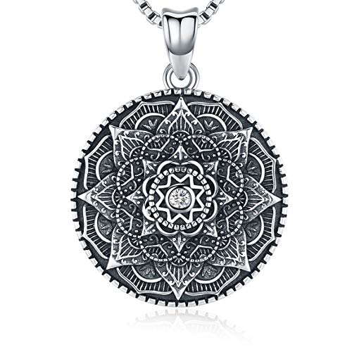 Friggem Sterling Silver Mandala Necklace,Flower of Life Pendant Necklace for Teen Girls Gift for Women,3D Blooming Black Mandala Pendant Chain 18