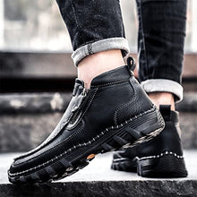 Load image into Gallery viewer, Govicta Leather Ankle Boots Hand Stitching Casual Loafers Boots for Men Slip On Driving Shoes Side Zipper Non Slip Comfy Black Regular Size 10.5
