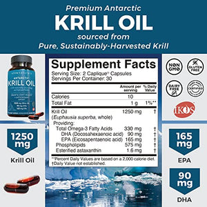 Krill Oil Supplement 1250mg - Antarctic Krill Oil Omega 3 Providing Astaxanthin, DHA and EPA, Joint Support and Brain Supplement with No Fishy Aftertaste (60 Capsules)