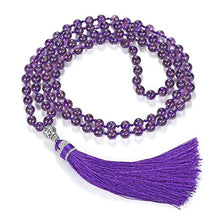 Load image into Gallery viewer, JOVIVI 108 Mala Beads Necklace Natural Amethyst Semi-Precious Gem Stones Meditation Necklace 108 Hand Knotted Mala Beaded Tassel Necklace Pendant
