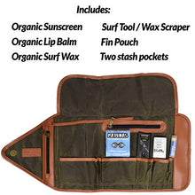 Load image into Gallery viewer, Open Road Goods Surf Travel Kit &amp; Surfer Gift Set - Surf Accessory with Fin Storage, Reef Safe All Natural Sunscreen Face Stick, Surf Wax, Organic Lip Balm &amp; Surf Tool Wax Comb (Green, Matunas- Warm)
