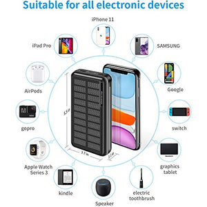 Solar Power Bank 30,000mAh, Minrise Portable Charger, Solar Charger Power Bank with 2 USB Outputs, External Battery Pack for Outdoor Activities Compatible for iPhone, Smartphones etc.