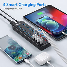 Load image into Gallery viewer, Powered USB 3.0 Hub, Wenter 11-Port USB Data Hub Splitter with 4 Smart Charging Ports and Individual LED On/Off Switches and 12V/3A Power Adapter USB Extension for Mac,Windows,Chrome &amp; Linux OS
