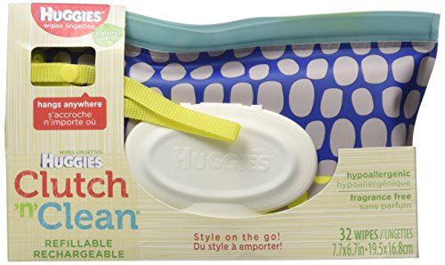 HUGGIES Natural Care Unscented Baby Wipes, Sensitive, Water-Based, 1 Clutch 'N' Clean Refillable Travel, 32 Count Total