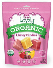 Load image into Gallery viewer, ORGANIC Chewy Candies - Lovely Co. 5oz Bag - Strawberry, Lemon &amp; Cherry Flavors | NO HFCS, GLUTEN or Fake Ingredients, 100% VEGAN &amp; Kosher!
