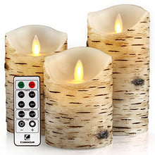 Load image into Gallery viewer, Comenzar Flickering Candles, Candles Birch Set of 3 (H: 4" 5" 6" x D: 3.25")Birch Bark Battery Candles Real Wax Pillar with Remote Timer
