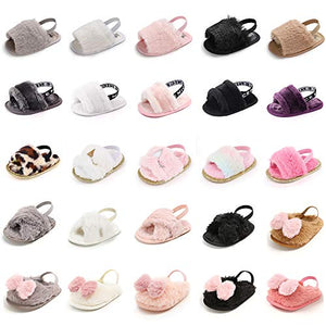 Meckior Infant Baby Girls Sandals Faux Fur Slides with Elastic Back Strap Flats Slippers Princess Dress First Walker Moccasins Shoes