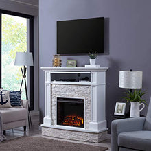 Load image into Gallery viewer, SEI Furniture Jacksdale Faux Stone Accent Electric Hidden Media Shelf Fireplace, White
