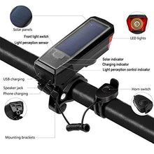Load image into Gallery viewer, Solar USB Rechargeable Bike Front Lights Set 5 Modes 120db Bicycle Bell Horn 350 Lumens 4 Mode Waterproof Bicycle Headlight, USB Output Charge Your Mobile Phone, Road Cycling Safety Flashlight Lights
