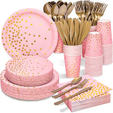 Load image into Gallery viewer, Pink and Gold Party Supplies 350PCS Disposable Dinnerware Set - Pink Paper Plates Napkins Cups, Gold Plastic Forks Knives Spoons for Birthday Bridal Baby Shower Valentine's Day Bachelor Wedding Party
