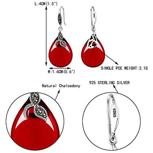EVER FAITH 925 Sterling Silver Red Chalcedony Crystal Retro Black Leaf Teardrop Hook Earrings